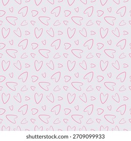 Padrão contínuo com corações em um fundo lilás. Desenho à mão livre, rabiscos, desenho à linha. O conceito de amor, Dia dos Namorados. Ilustração vetorial para o design de têxteis, banners, cartazes