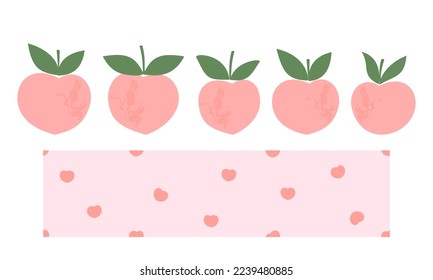 Patrón sin brillo con corazones en la ilustración de vector de fondo rosado. Frutos de melocotón rosa con hojas verdes sobre la ilustración vectorial de fondo blanco.