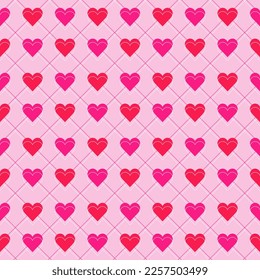Seamless pattern of hearts on a pink background in retro style. Design for background, wallpaper, fabric, textile, paper, wrapping. Tiled ornament.