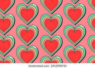 Seamless pattern with hearts on pink background in retro style. Heart with colorful tunnel. Bright pattern for Valentine's Day. Love and romance. Vector.