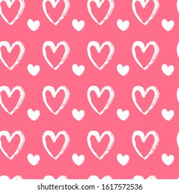 Seamless pattern with hearts on red background. Hand drawn vector illustration. Drawing with texture. For decoration Valentine's day. For web, printing on wrapping paper, clothes, crockery, fabric.