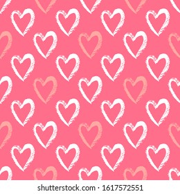 Seamless pattern with hearts on red background. Hand draw vector illustration. Drawn with brush. For decoration Valentine's day. For scrapbooking, printing on wrapping paper, clothes, crockery, fabric