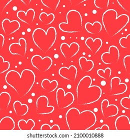 Nahtloses Muster mit Herzen auf rotem Hintergrund Valentinstag. Vektorgrafik