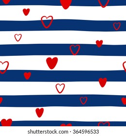 Seamless pattern with hearts on a striped background, hand drawn. Marine pattern. Vector illustration.