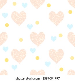 seamless pattern with hearts on white background, light pink and blue colors, vector drawing

