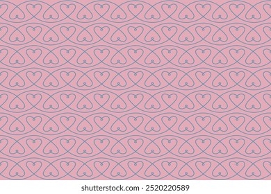 Seamless pattern of hearts in one blue line. Romantic love background for wedding design. Outline vector illustration on pink background