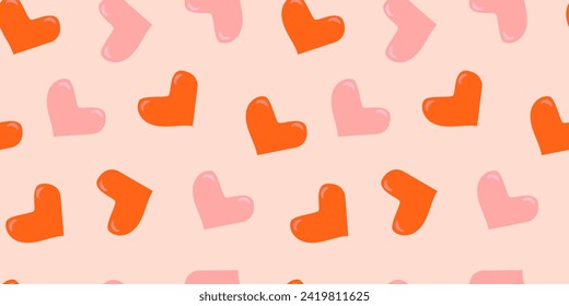 Seamless pattern with hearts in orange and pink colors. Vector illustration. Valentine's Day. Ready template for design, postcards, print, poster, party, vintage textile.