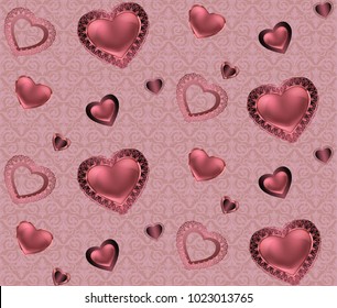 Seamless pattern with hearts and ornament on a pink and red background with flowers Romantic backgrounds with valentines