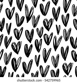 Seamless pattern with hearts. Ornament for Valentine's day. Ink illustration. Isolated on white background. Brush strokes. 