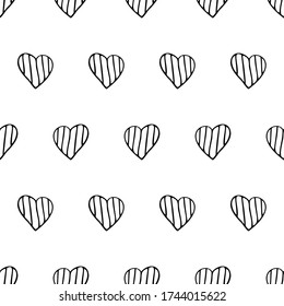 Seamless pattern with hearts. Outline drawing of a heart with a black liner on a white background. Print for wrapping paper, notebook covers, fabric. Vector image