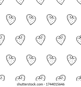 Patrón sin brillo con corazones. Dibujo de contorno de un corazón con un revestimiento negro sobre un fondo blanco. Imprimir para papel de embalaje, cubiertas para portátiles, tela. Imagen del vector