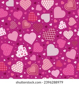 Seamless pattern with hearts in patchwork style. Valentine's Day. Vector.