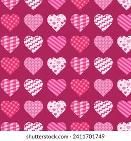 Seamless pattern with hearts in patchwork style. Vector.