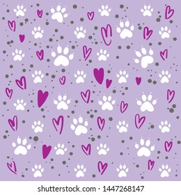 Seamless pattern with hearts and paw prints of animals. Good for textile, fabric, zoo shops advertising, wrapping paper, veterinary clinic and doctors. Violet, pink and white.