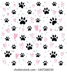 Seamless pattern with hearts and paw prints of animals. Good for textile, fabric, zoo shops advertising, wrapping paper, veterinary clinic and doctors. Pink and black.
