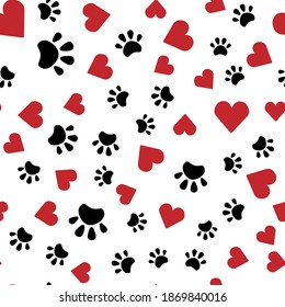 Seamless pattern with hearts and paw prints. Cute vector illustration.