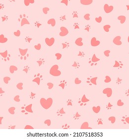 Seamless pattern with hearts and paws. Abstract pattern Valentine's Day with pink hearts and paws. Random, chaotic pink background with cute confetti.