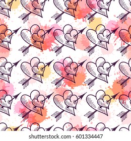 Seamless pattern with hearts pierced by an arrow. Freehand drawing