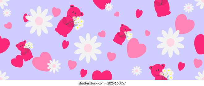  Seamless pattern with hearts, pink bears and daisies on purple background. Vector illustration for romantic celebrations.