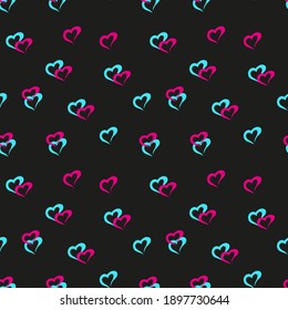 Seamless pattern from hearts, pink and blue color, on a black background stylization, сreative graphic design for poster, brochure, flyer, postcard, textile, modern valentines day