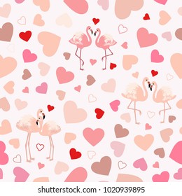 Seamless pattern with hearts and pink flamingos 