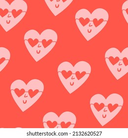 Seamless pattern with hearts. Pink heart with heart glasses. Cute funny face. Vector background for valentine's day