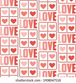 Seamless pattern with hearts. Pink hearts with Lettering Love on white background. A pretty vector for valentines fabric, scrap booking and stationery projects.