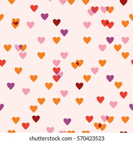 Seamless pattern of hearts. Pink, purple, orange hearts flicker.