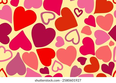 Seamless pattern with hearts. Pink, red hearts drawn by hand on a light warm background. Design for St. Valentine's Day, wedding, wrapping paper. Vector