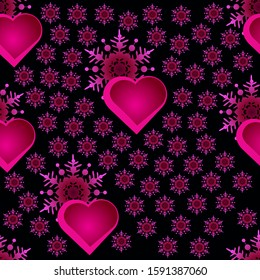 Seamless pattern of hearts and pink snowflakes on black background. Design for children's things, wrapping paper, wallpaper, greeting cards, invitations of the wedding, birthday, Valentine's Day