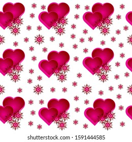 Seamless pattern of hearts and pink snowflakes on white background. Romantic design for children's things, wrapping paper, greeting cards and invitations of the wedding, Valentine's Day. 