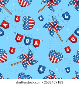 Seamless pattern of hearts and pinwheels in American flag pattern celebrating 4th of July, blue and red emblems with number four 