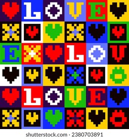 Seamless pattern with hearts in pixel art style for Valentine day. Vector