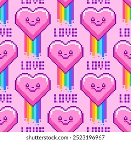 Modelo inconsútil con los corazones en estilo del arte del pixel en fondo rosado.