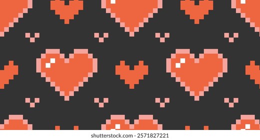 Seamless pattern with hearts, pixel art, digital drawing, retro style. Trendy modern vector illustration on black background, hand drawn, flat design