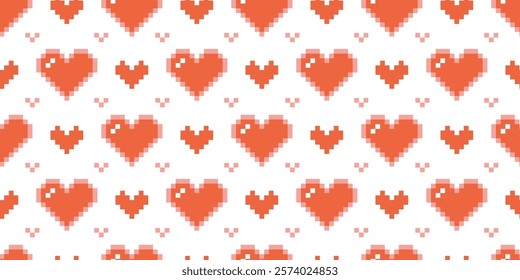 Seamless pattern with hearts, pixel art, digital drawing, retro style. Trendy modern vector illustration on white background, hand drawn, flat design