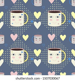 Seamless pattern with hearts, polka dot,  kawaii mug with blue eyes.  
