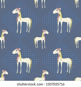 Seamless pattern with hearts, polka dot,  kawaii pony  in a knitted hat and scarf.  