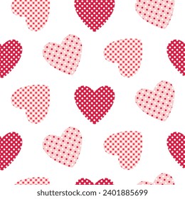 Seamless pattern hearts in polka dots textures in different red and pink colours. Design for Valentine’s Day, Weddings, Mother’s day celebration, greeting cards, invitations, textile.