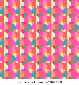 Seamless pattern hearts pop art red, green, yellow, pink, gift wrapping paper, candy wrapper, wallpaper, textile design, festive ornament, bath curtain