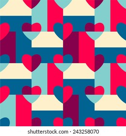 Seamless pattern hearts pop art red, green, yellow, pink, gift wrapping paper, candy wrapper, wallpaper, textile design, festive ornament, bath curtain