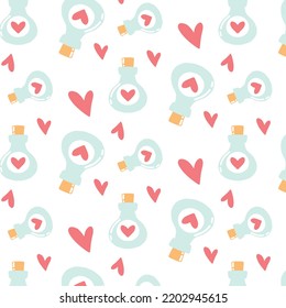 Seamless Pattern With Hearts And Potion Flask. Cartoon Style. Romantic Pattern.Vector Illustration.