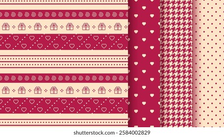 Seamless pattern with hearts, presents, dots. Valentine background. Retro romantic vinous texture. Love print for wrapping papers. Vintage cute backdrop. Vector illustration. Girly scrap design