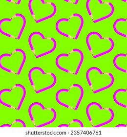 Seamless pattern hearts of purple curve pencils. Art and creativity, pack for drawing.Logo.Stationery for school and office. Cartoon flat collection.Vector illustration.