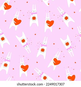 Seamless pattern with hearts and rabbits. Vector illustrations