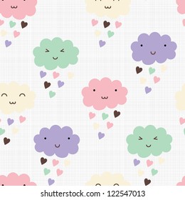 Seamless pattern with hearts rain and cute smiling clouds