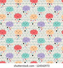 Seamless pattern with hearts rain and cute smiling clouds