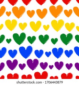 Seamless pattern of hearts of rainbow colors. LGBT pride symbol. Vector illustration.