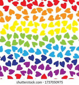 Seamless pattern with hearts in rainbow colors on white background. Vector design for textile, backgrounds, clothes, wrapping paper, web sites and wallpaper. Fashion illustration seamless pattern.