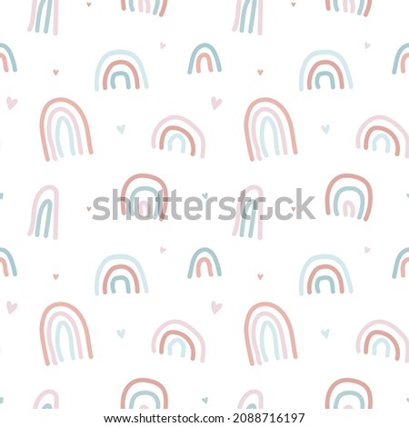 Seamless pattern with hearts and rainbows cute elements. Pastel color endless texture. Childish simple print in scandinavian style. Vector cartoon illustration.